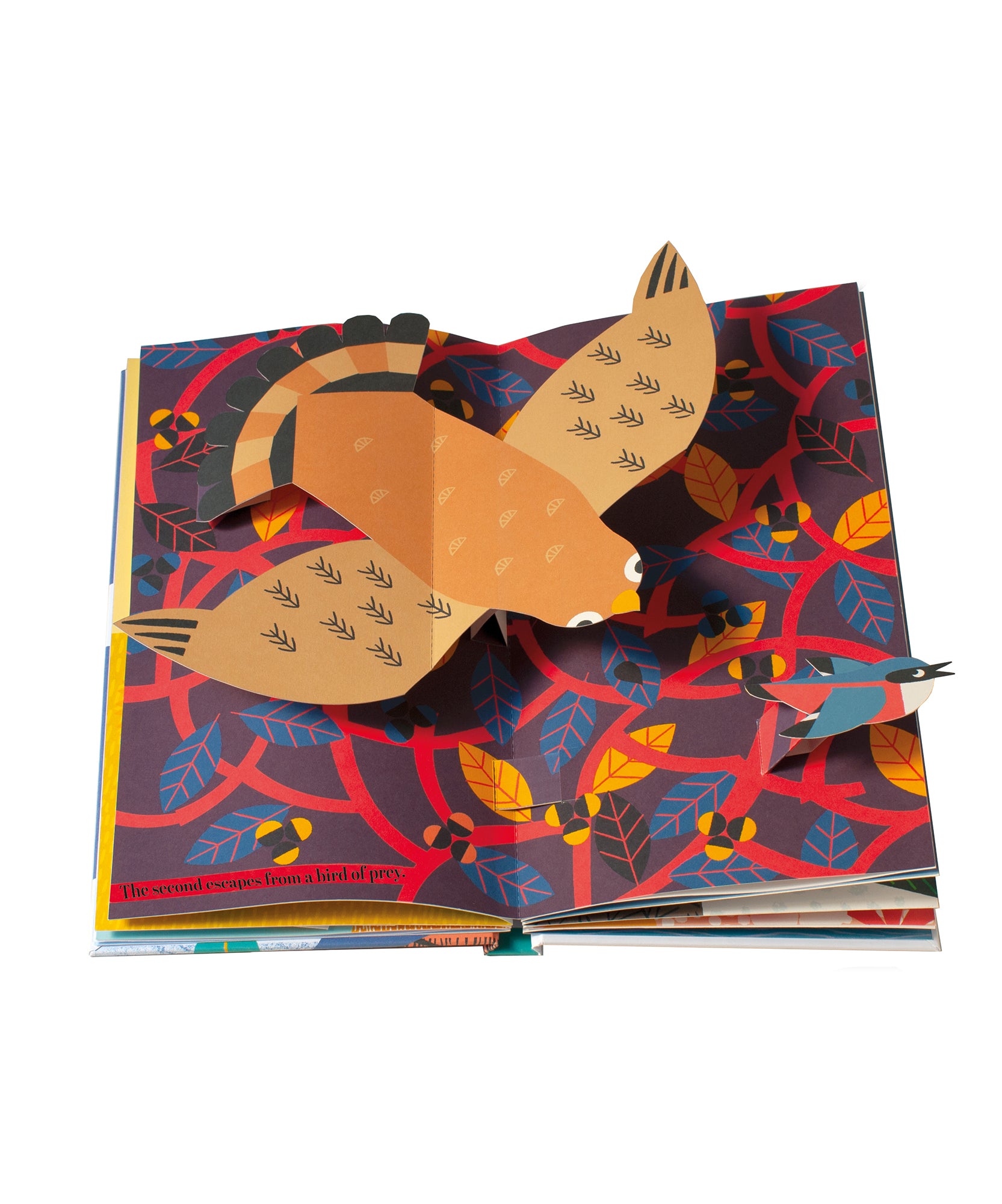 3D pop-up book "Le Book - Six Little Birds" with a brown bird and colorful abstract foliage.