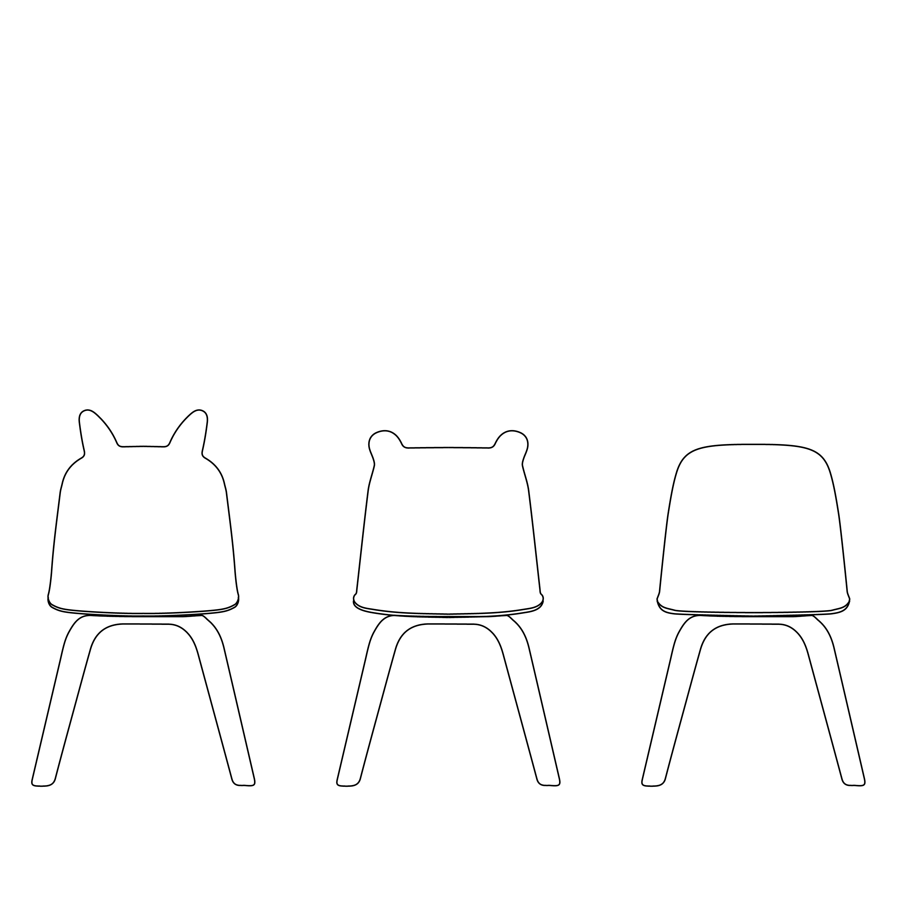 Three outline drawings of different chairs: the first has animal-like ears, the second has a narrow backrest, and the third has a rounded backrest. All have four legs.