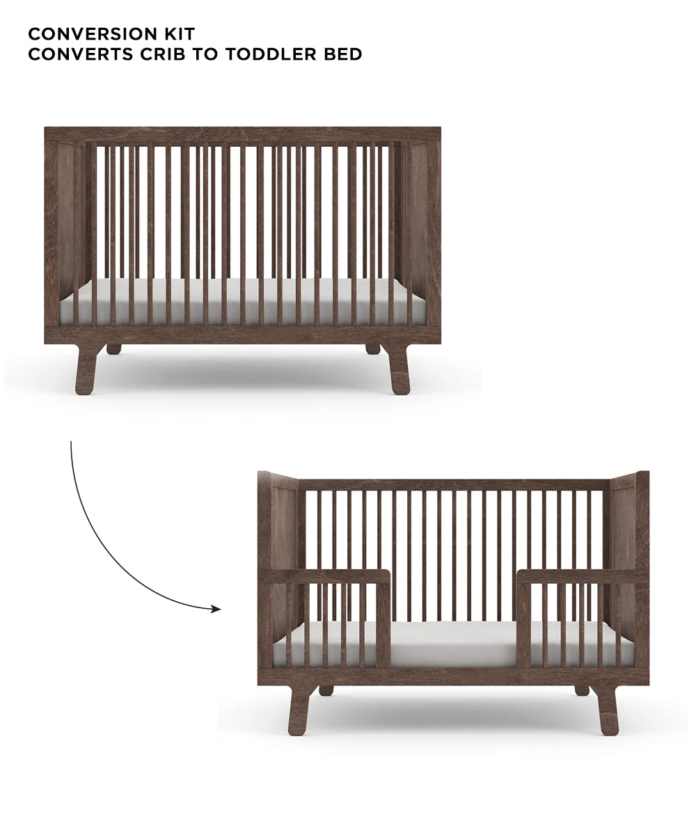 The Sparrow Crib with slats converts to a toddler bed using the Sparrow Toddler Bed Conversion Kit, shown in two stages with an arrow.