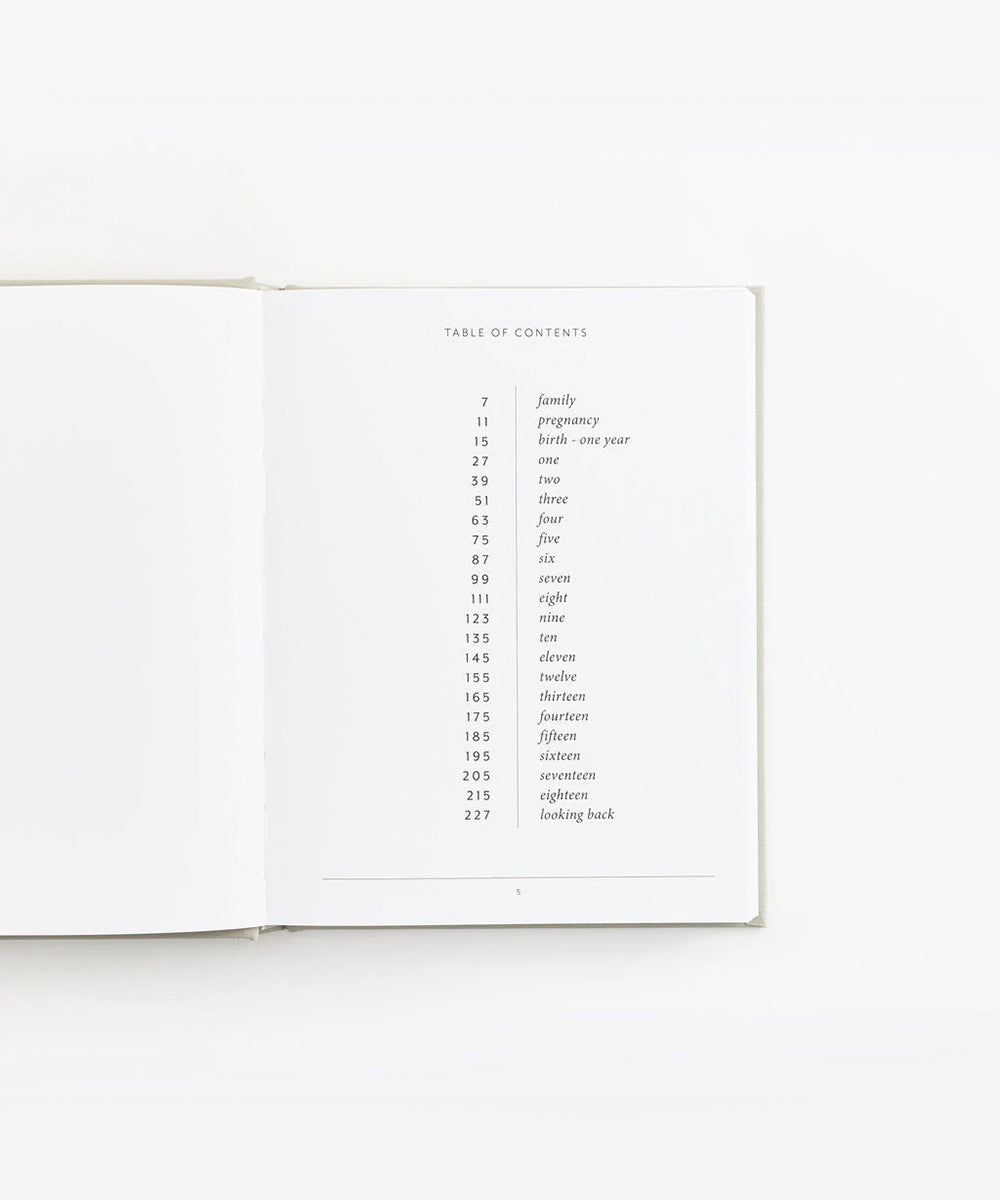 Le Baby Book open to its table of contents, displaying numbered chapters on the right page.