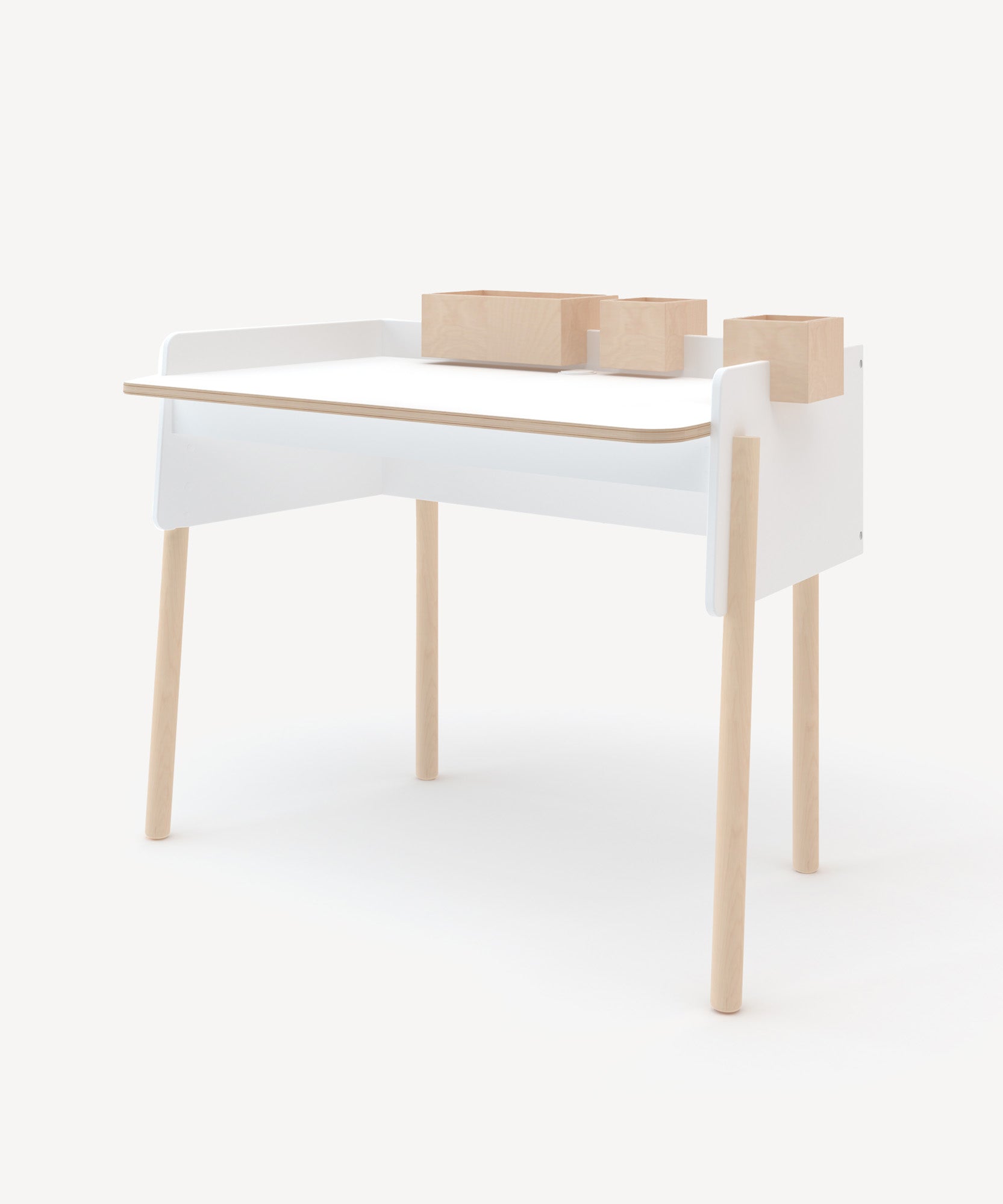 Brooklyn Desk: A minimalist design with a white surface, natural wood legs, and wooden storage compartments on top.