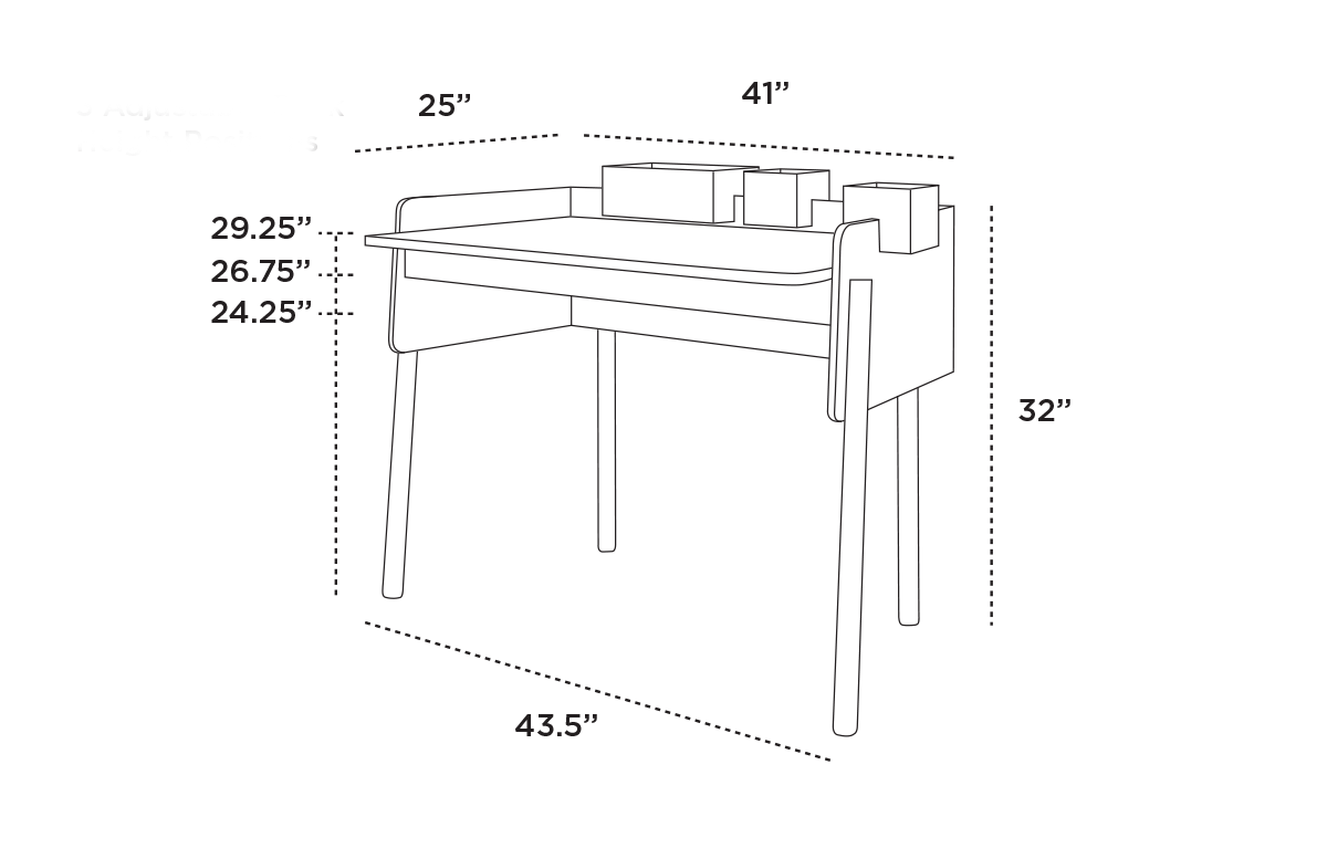 Illustration of a desk with dimensions: 43.5 width, 32 height, and 25 depth. Shows adjustable height levels: 29.25, 26.75, and 24.25.