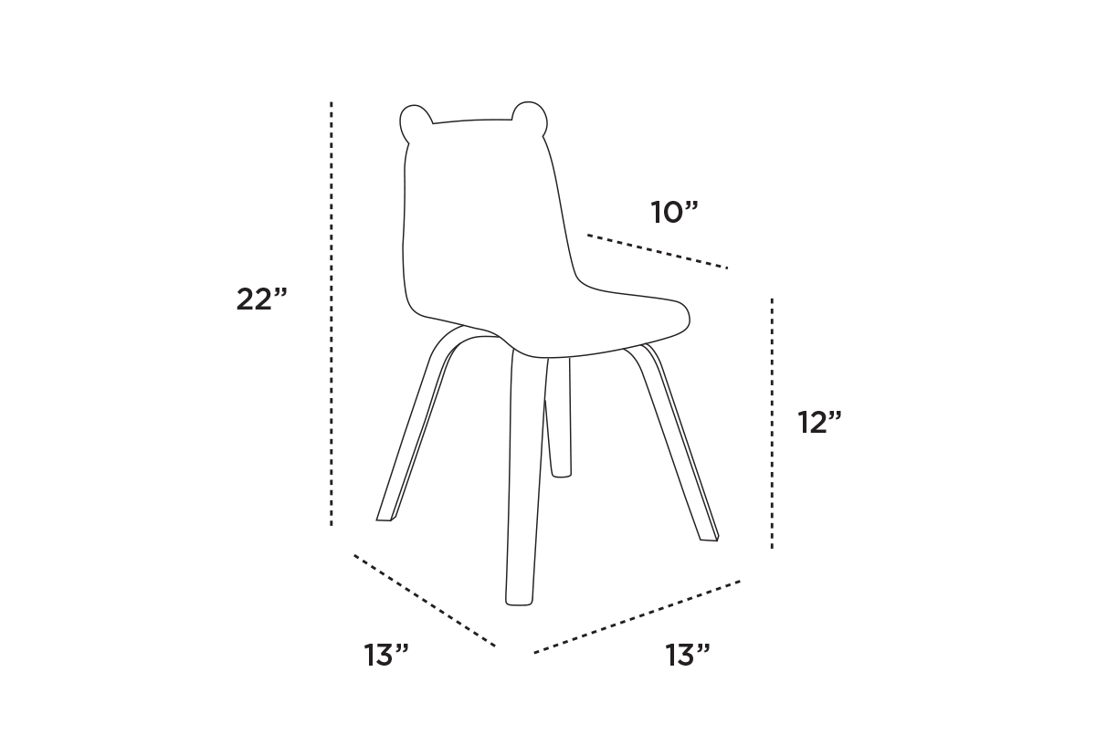 Silhouette of a chair with bear ears on top. Dimensions: 22 inches height, 10 inches backrest height, 13 inches width and depth, 12 inches seat height.