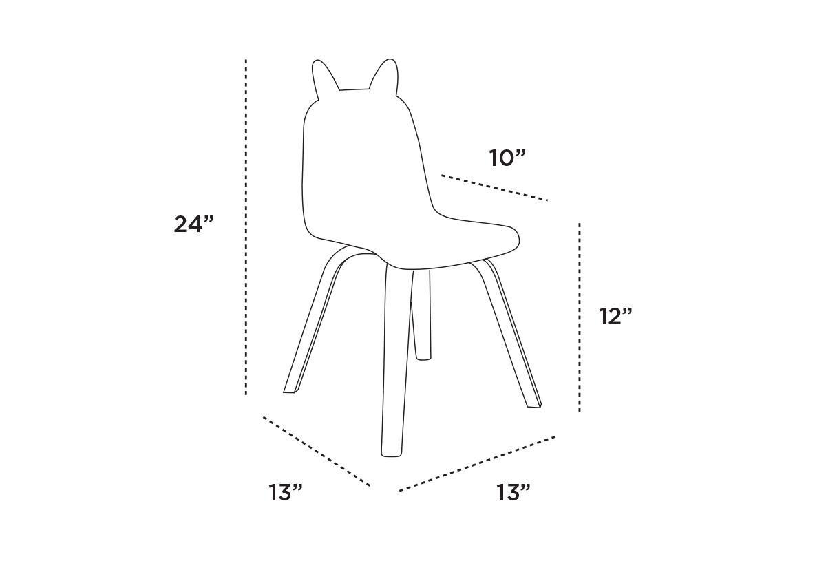 Silhouette of a chair with four legs and a backrest with two protrusions, resembling ears. Dimensions: 24 high, 10 seat height, 12 backrest height, and 13 seat width and depth.