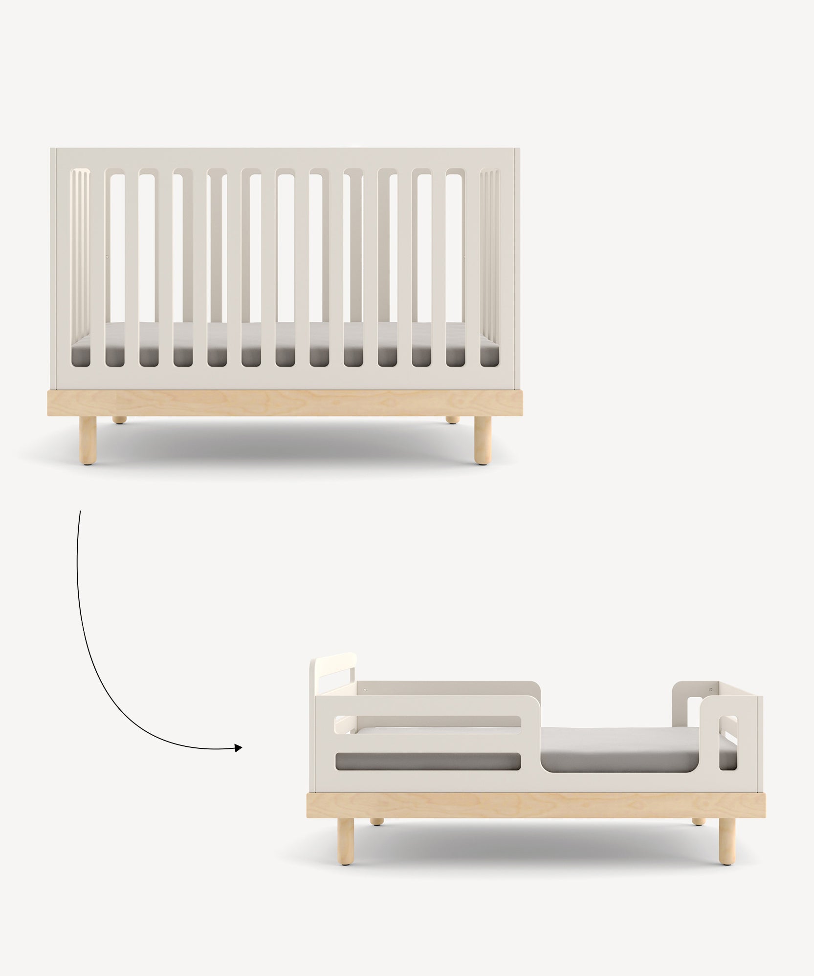 The Classic/Arbor Toddler Bed Conversion Kit transforms a convertible crib into a toddler bed with white slats and a wooden base.