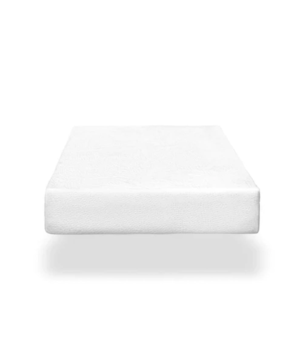 The Dual Firm Crib Mattress, made from organic cotton, is shown on a plain background, highlighting its side view to showcase its thickness and texture. This eco-friendly option provides a safe and sustainable sleep environment for your little one.