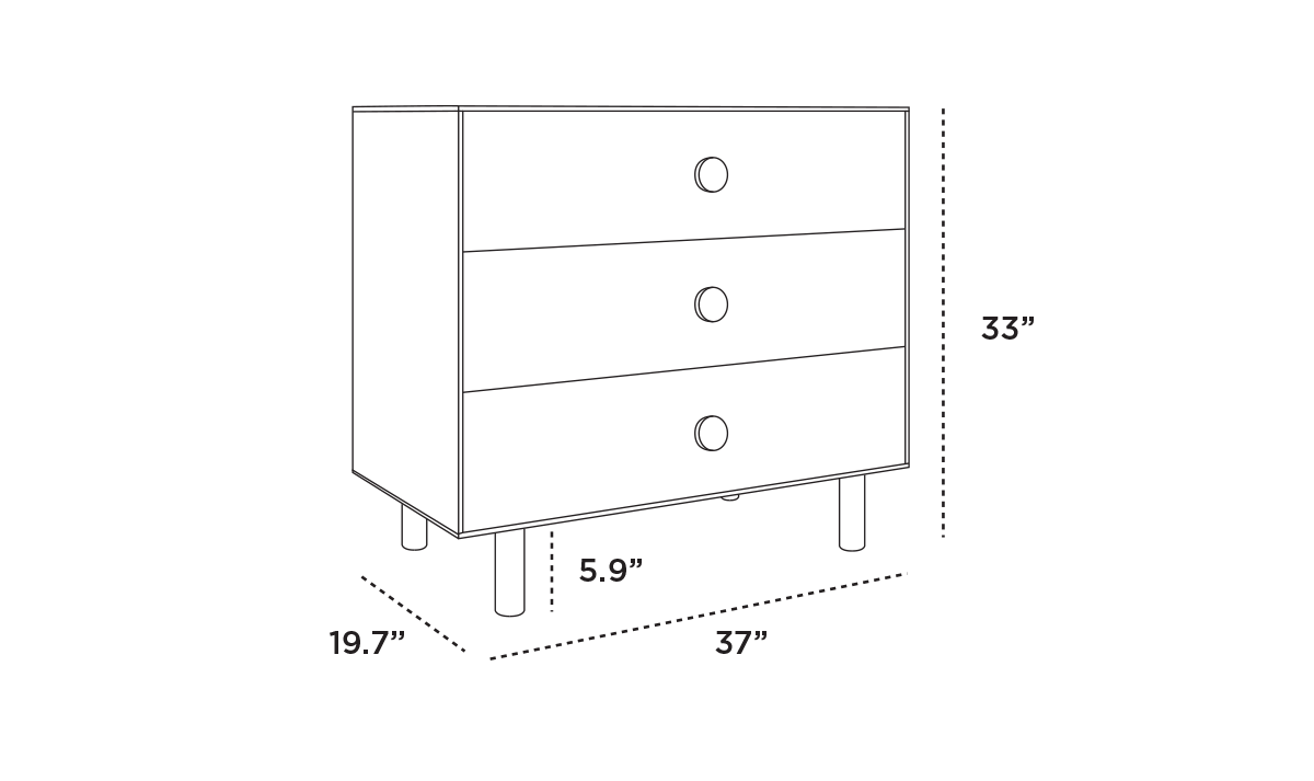 Illustration of a three-drawer dresser on legs, with dimensions: 33 inches tall, 19.7 inches deep, and 37 inches wide.