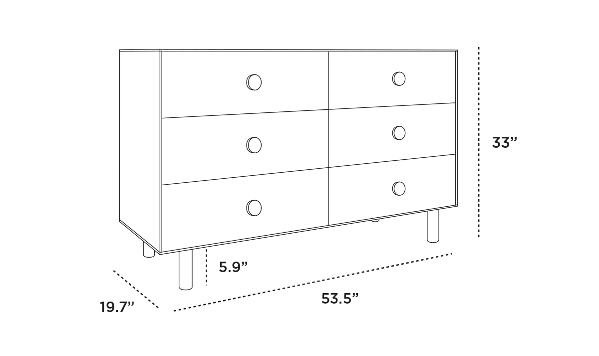 Black outline of a six-drawer dresser with dimensions: height 33 inches, width 53.5 inches, depth 19.7 inches, leg height 5.9 inches.