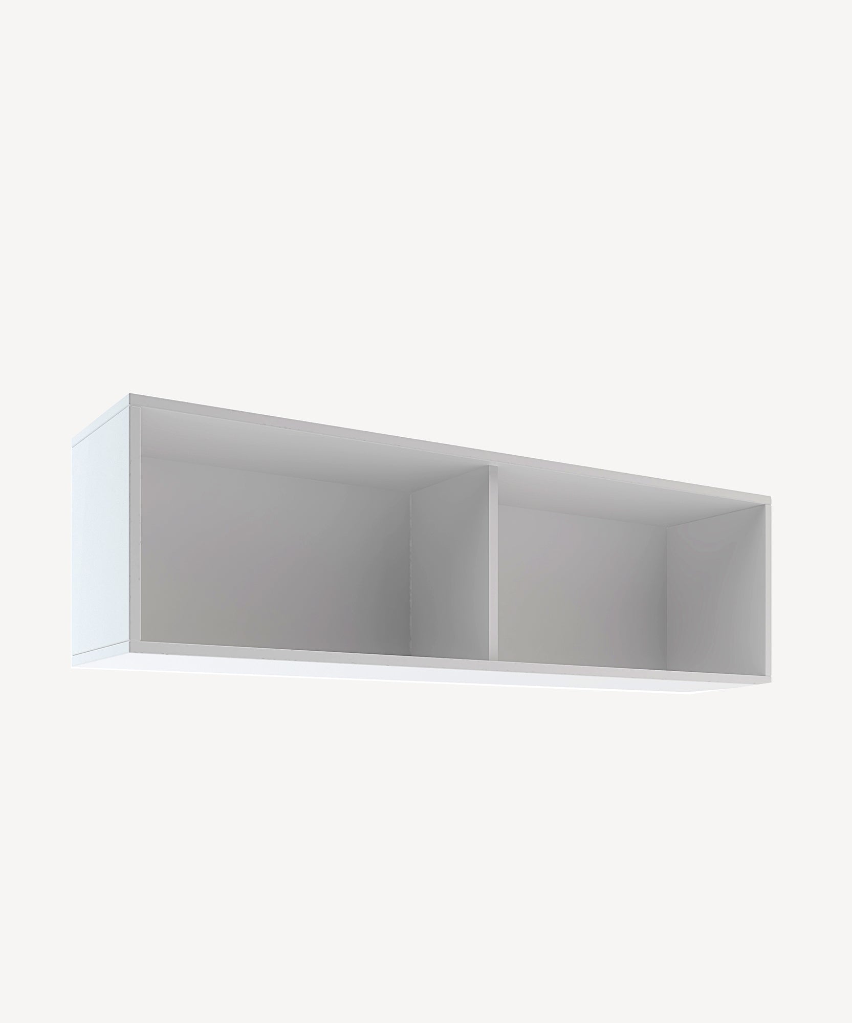 The Perch Shelf - Full Size, a white rectangular wall shelf with two compartments, is displayed against a light gray background.