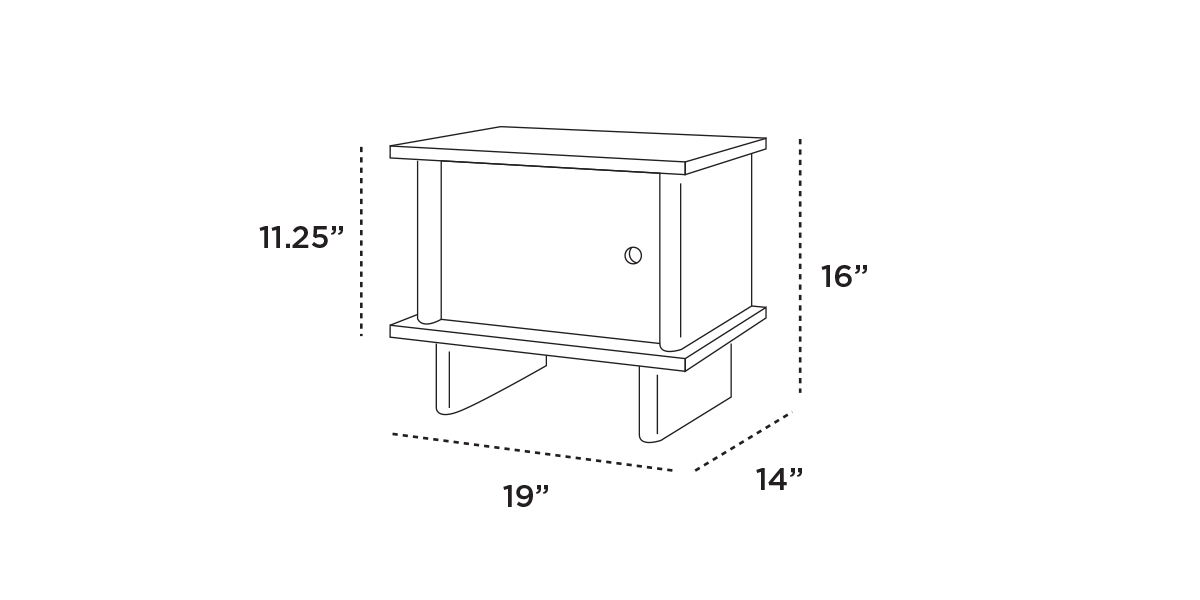 Diagram of a rectangular cabinet. Dimensions: 11.25 width, 16 height, 19 length, 14 depth. The cabinet has a door and two legs.