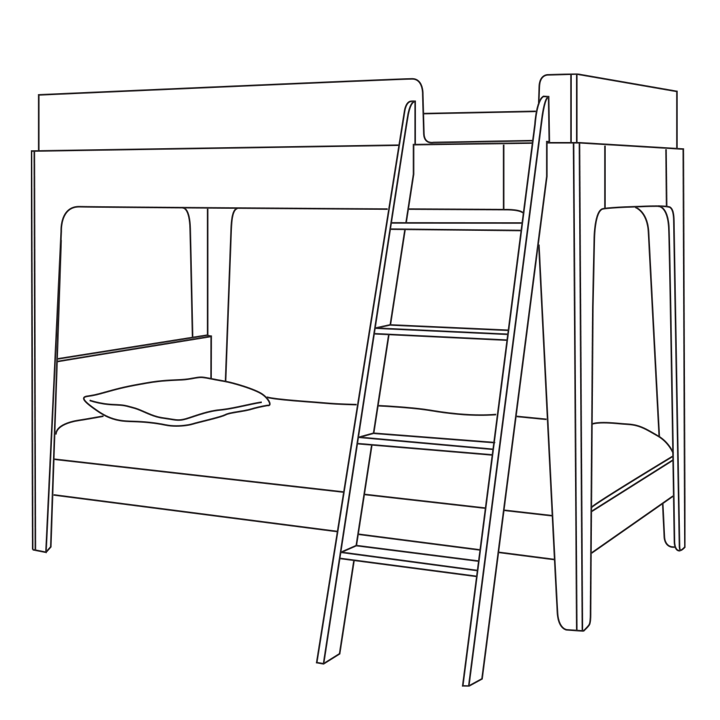 Line drawing of a bunk bed with a ladder. The top and bottom bunks each have a flat mattress, and a pillow is on the bottom bed.