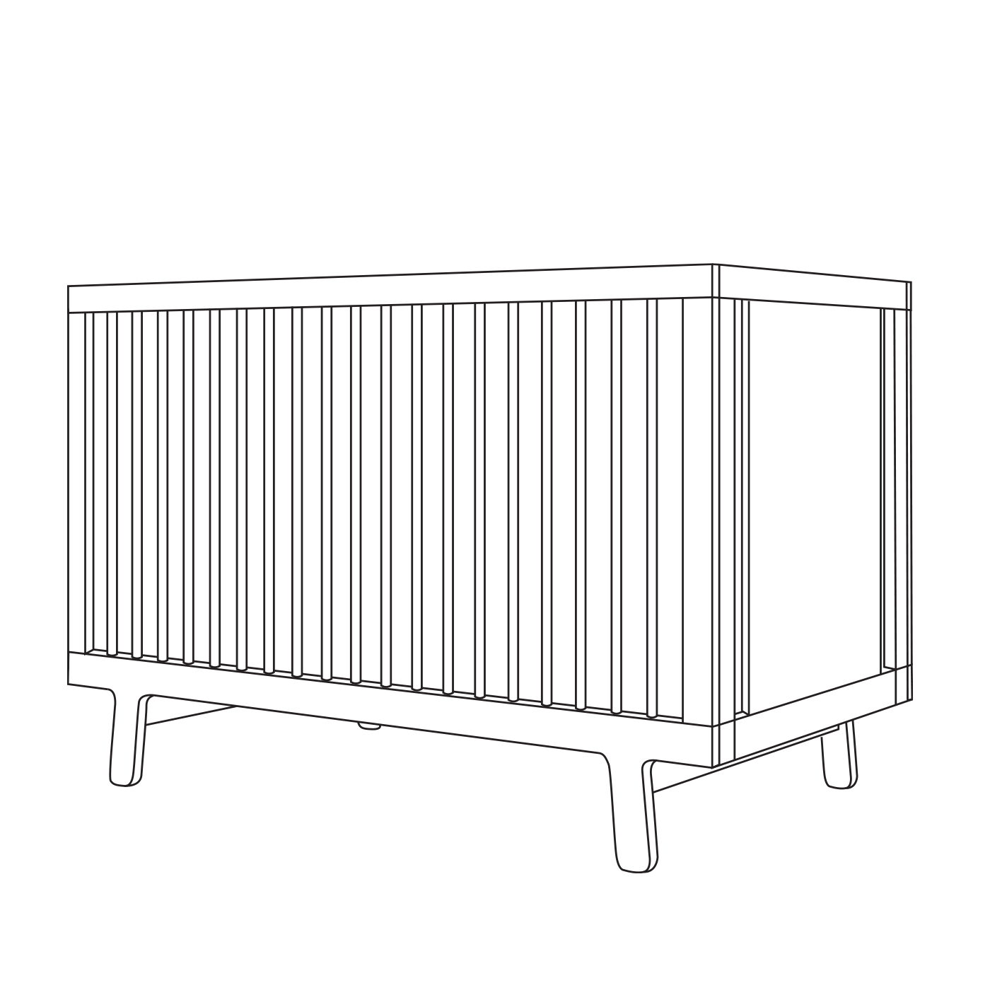 Line drawing of a wooden baby crib with vertical slats and short legs, viewed from a corner angle.