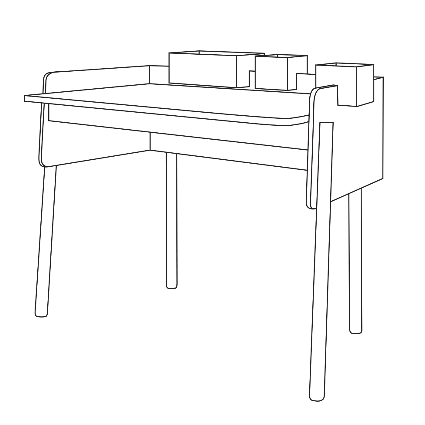 Line drawing of a simple desk with four legs, raised back and sides, and three rectangular compartments on the top surface.