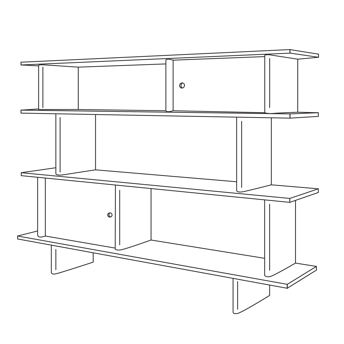 Line drawing of a three-tiered shelf unit with two cabinets, each having a small round knob, on the top and bottom tiers.