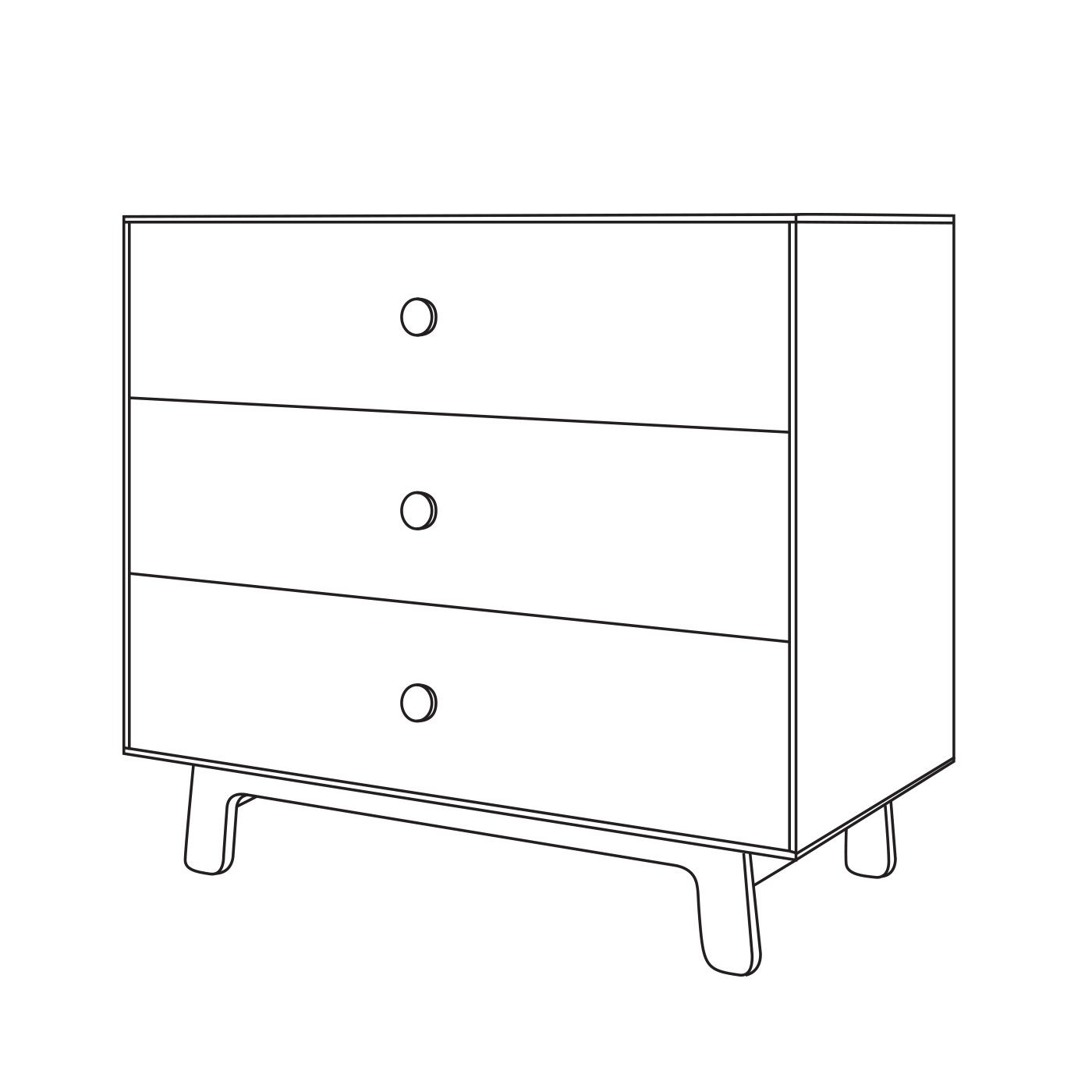 Line drawing of a three-drawer chest with round handles and slanted legs.