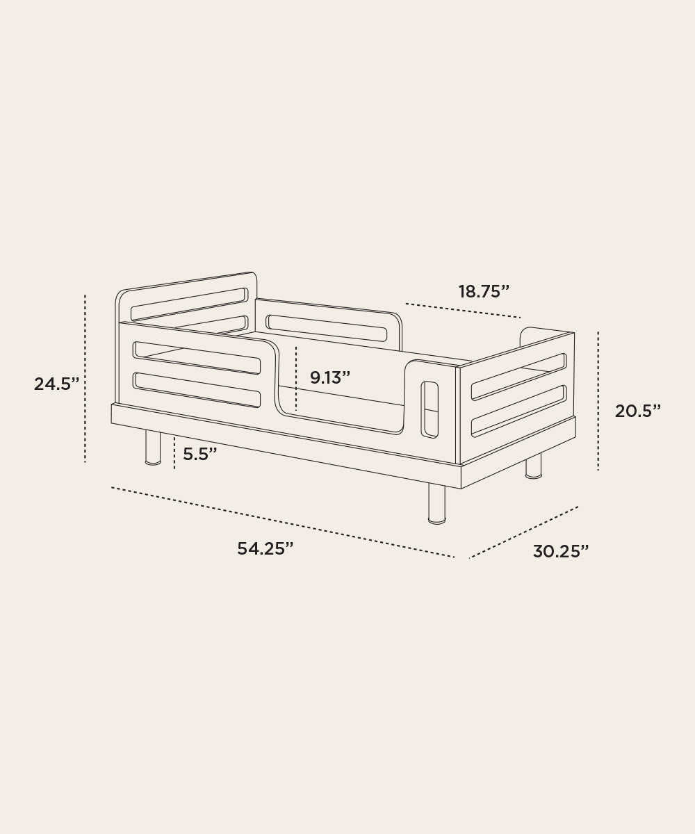 Illustration of the Classic Toddler Bed with side rails, including detailed measurements.