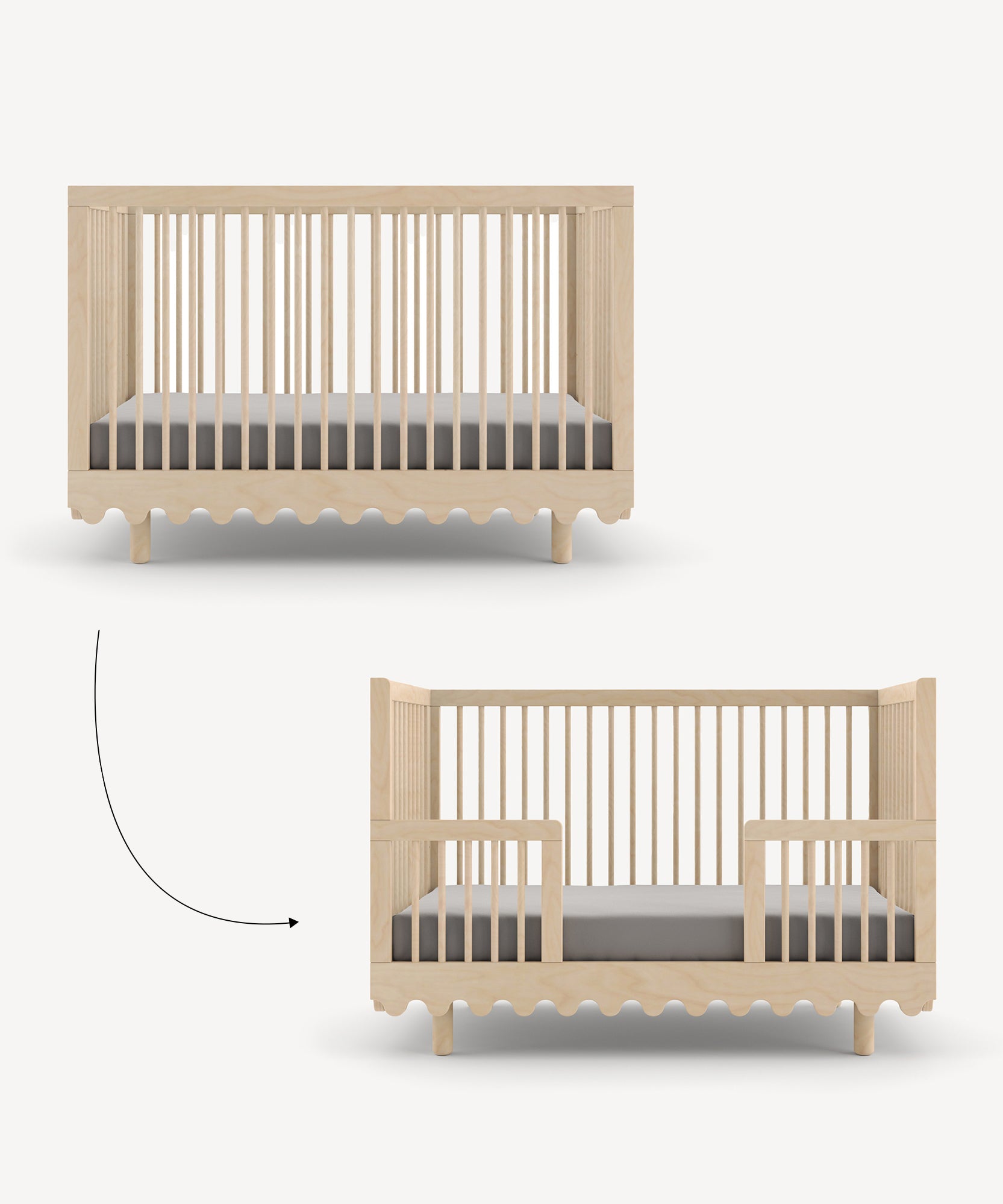 Two views of the Moss Crib Conversion Kit: one as a wooden crib with full rails, the other as a toddler bed with a conversion arrow in between.