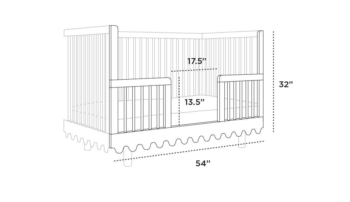 Illustration of the Moss Crib with wavy base edges on short legs. Dimensions shown are 36.5 tall, 30 deep, 54 wide, with a 4.25 clearance from floor.