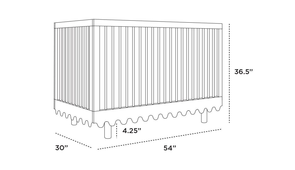 Illustration of the Moss Crib with wavy base edges on short legs. Dimensions shown are 36.5 tall, 30 deep, 54 wide, with a 4.25 clearance from floor.