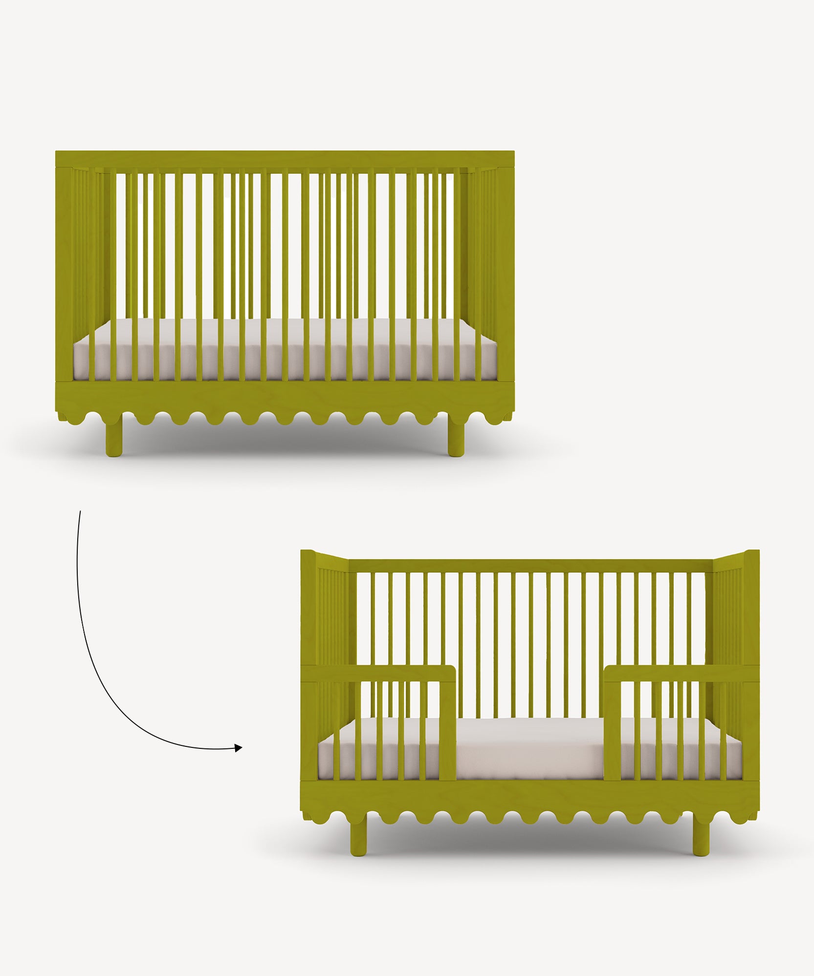 The Moss Crib Conversion Kit is shown as a green convertible crib and a toddler bed with arrows indicating transformation.