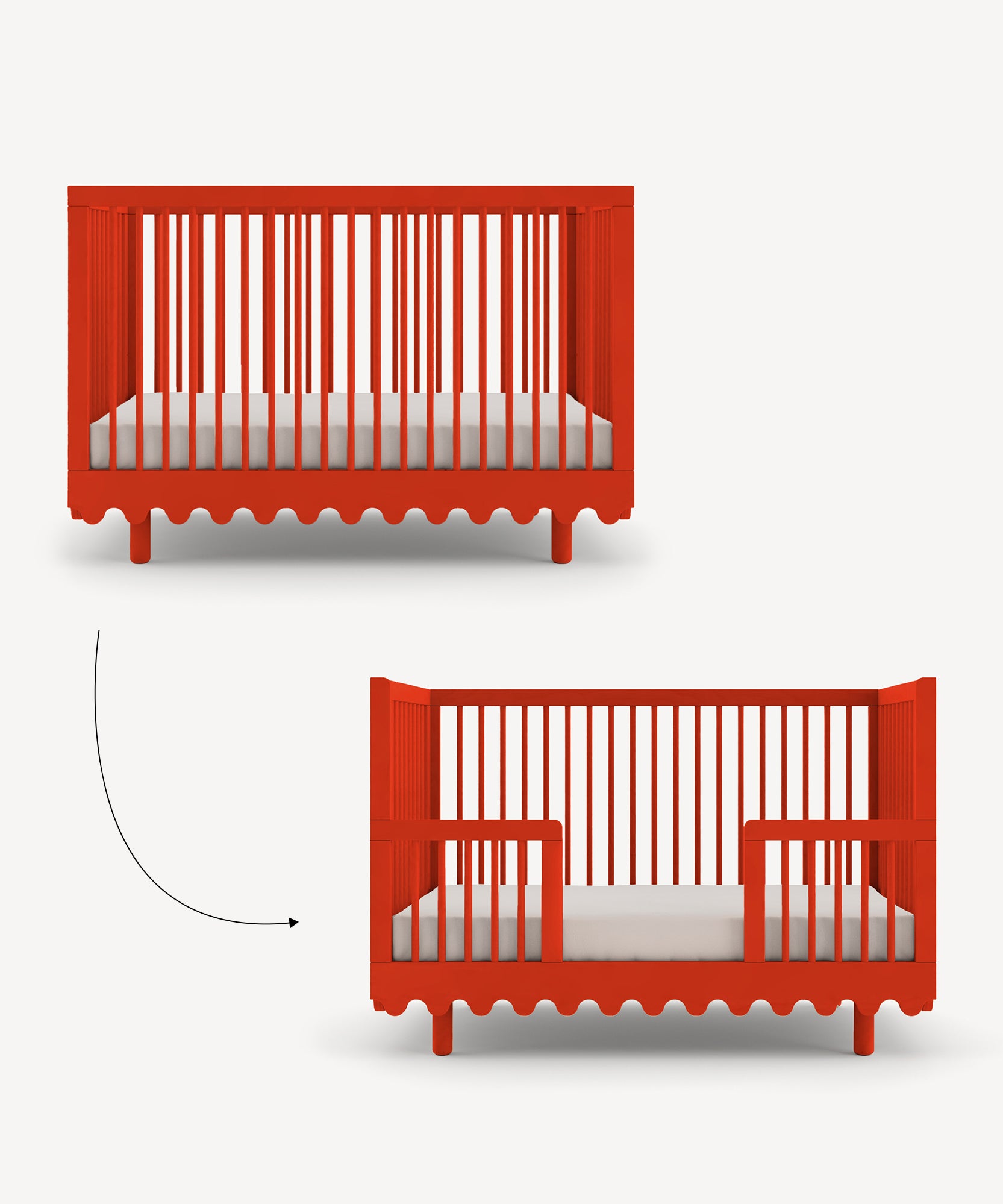 The Moss Crib Conversion Kit shows a red crib with a removable side, transforming into a toddler bed; includes two views with an arrow demonstrating the change.