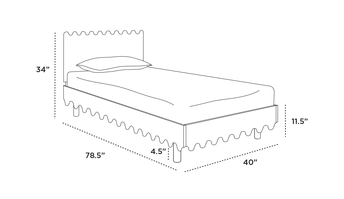 Line drawing of a bed with dimensions: 34 headboard height, 78.5 length, 40 width, 11.5 under bed height, 4.5 bed skirt drop, with a pillow on the mattress.