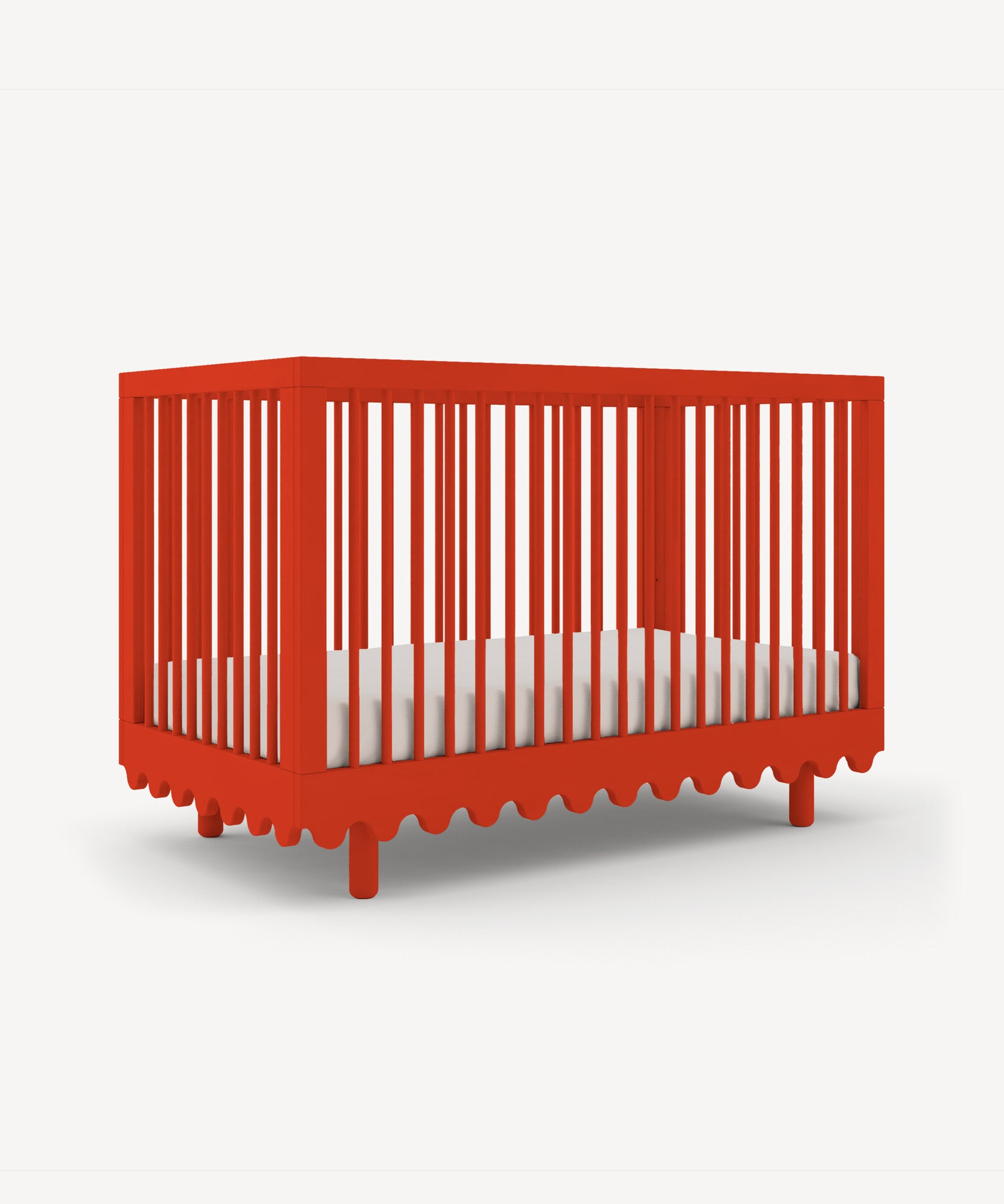 Red Moss Crib with a wavy lower edge and a white mattress on a white background.