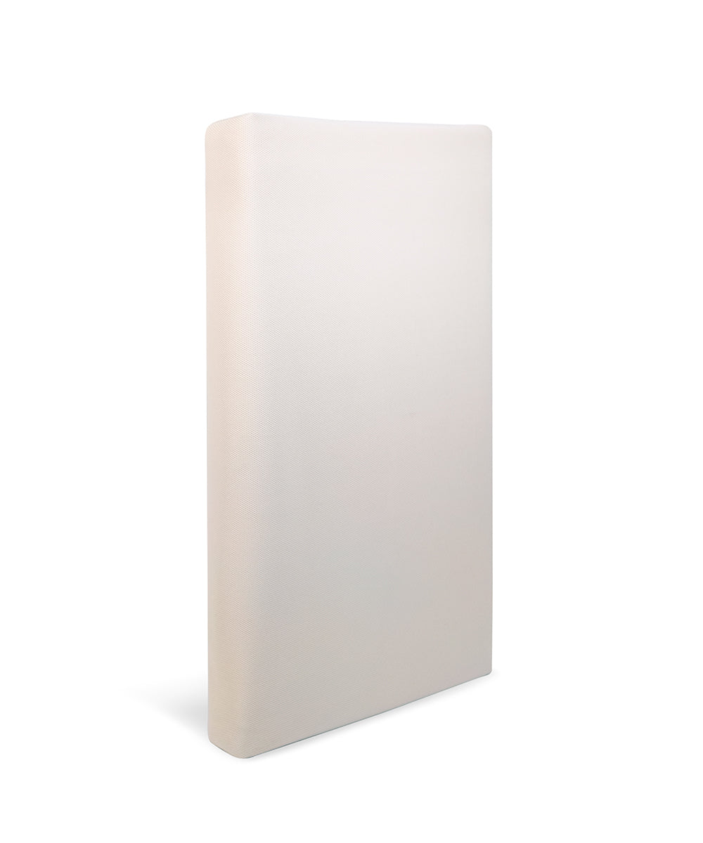 A standing Naturepedic Organic Breathable Baby Crib Mattress (2-Stage) with a light beige cover against a white background.