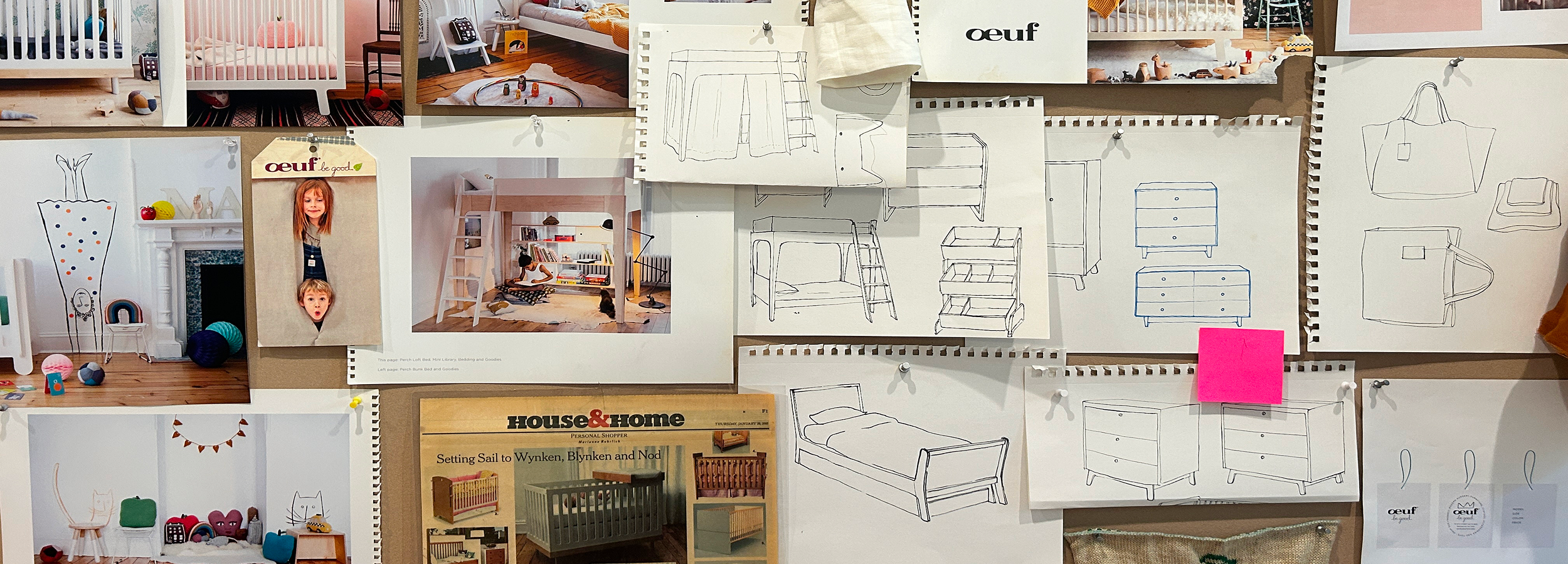 A bulletin board displays various furniture design sketches, magazine clippings, and product photos.