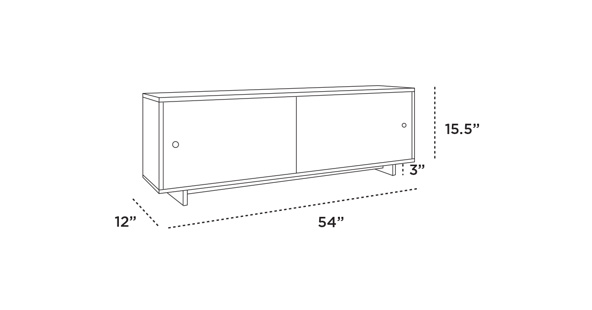 Outline of a rectangular cabinet with dimensions marked: 54 wide, 12 deep, 15.5 tall, and 3 legs.