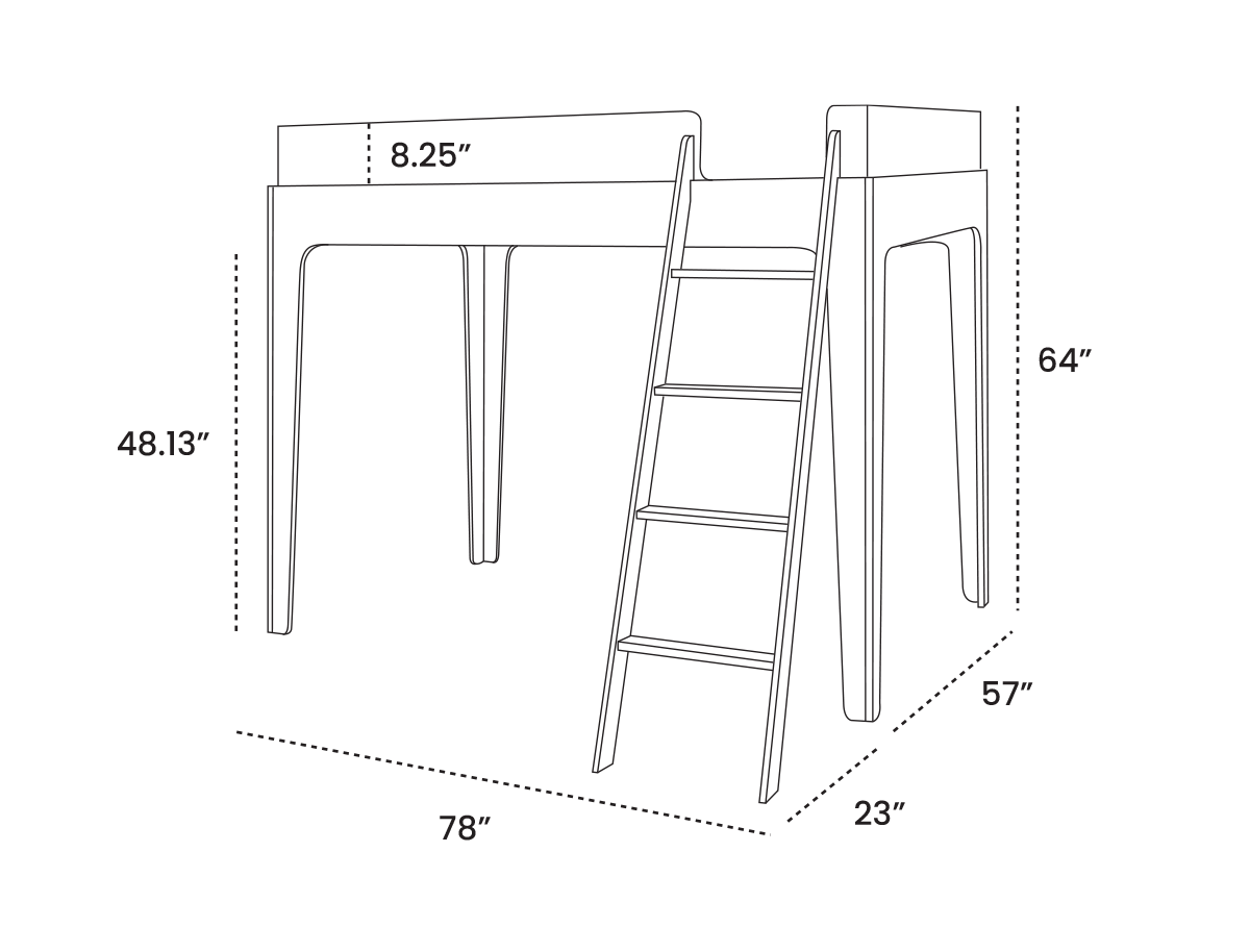 Illustration of a loft bed with ladder. Dimensions: height 64, length 76, width 57. Bed height from ground is 48.13, guard rail 8.25 high, ladder base extends 23.