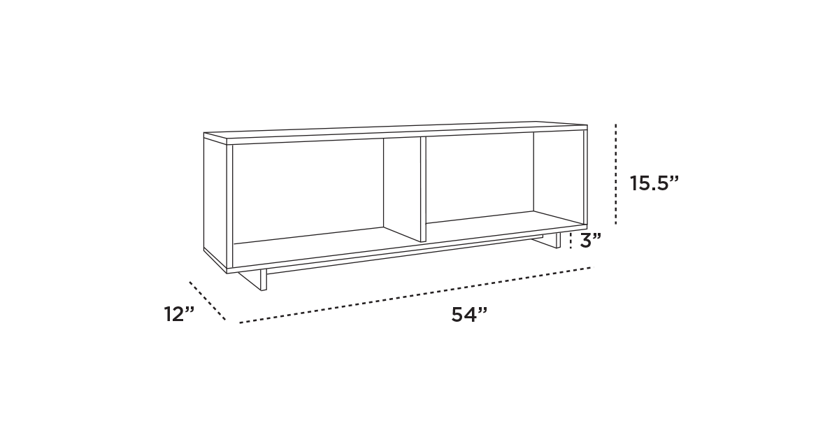 Diagram of a rectangular TV stand with dimensions: 54 inches wide, 12 inches deep, and 15.5 inches tall. It has two open shelves.