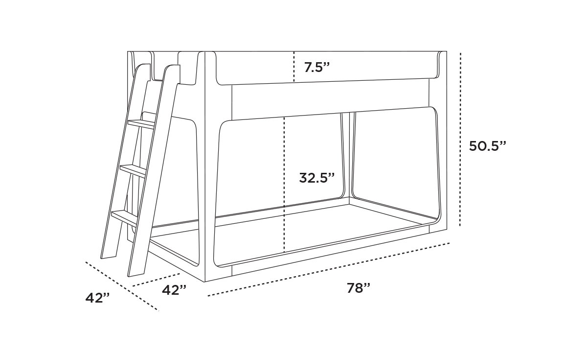 Diagram of a bunk bed with dimensions: top bunk height 7.5 inches, bottom bunk clearance 32.5 inches, total height 50.5 inches, width 42 inches, and length 78 inches.