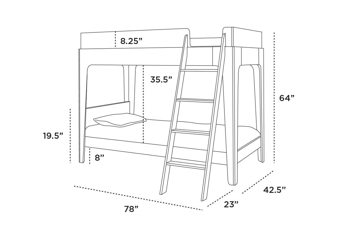 Diagram of a bunk bed with dimensions: top bunk 35.5 high, 23 wide, total height 64, base 78 long and 42.5 wide, ladder height 19.5, and footboard height 8.