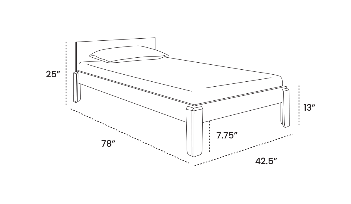 Diagram of a bed with dimensions: total height 25, mattress height 13, leg height 7.75, length 78, and width 42.5. Includes a pillow on the mattress.