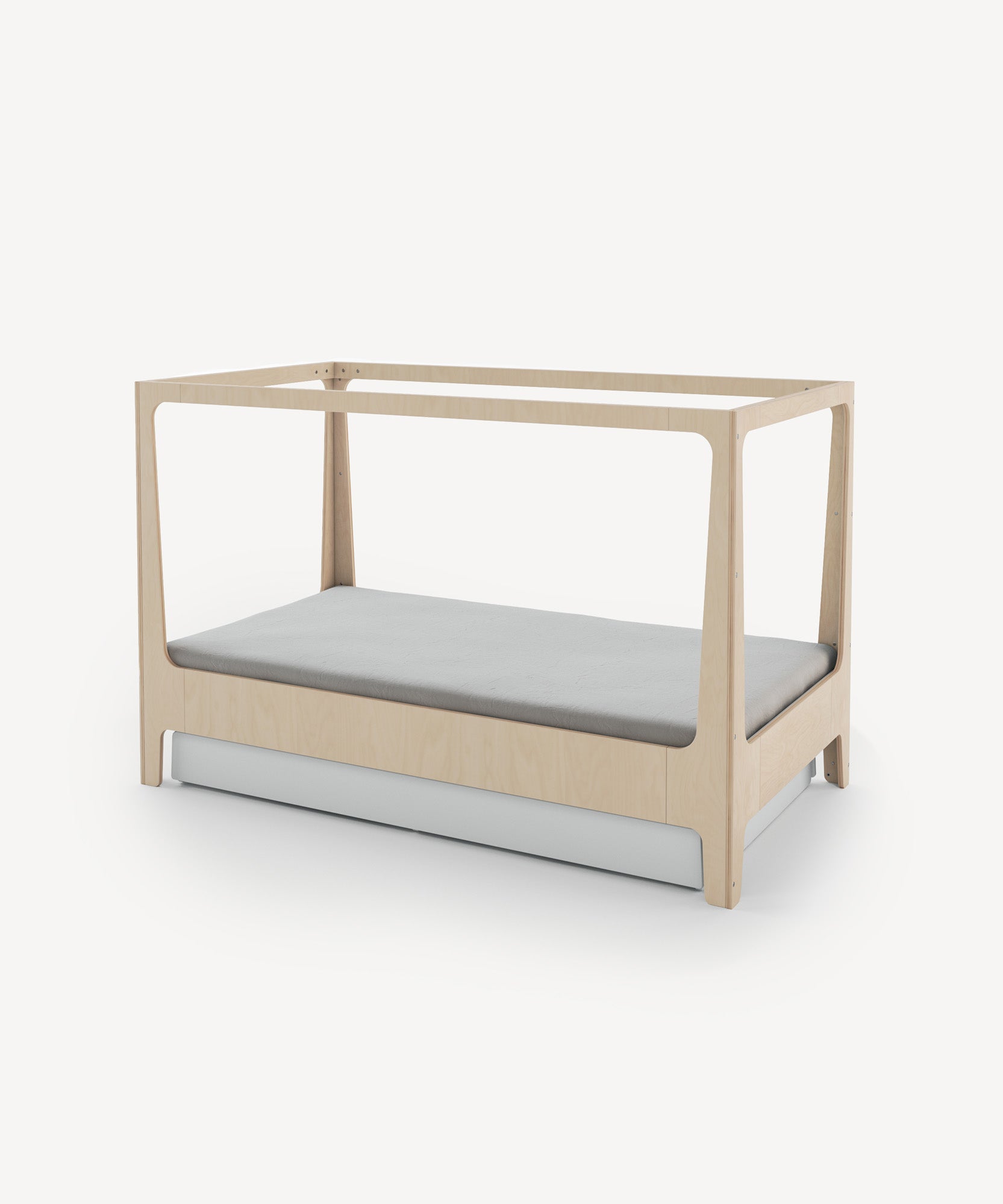 Perch Nest Bed: A minimalist toddler bed with a light gray mattress and an open canopy frame design.