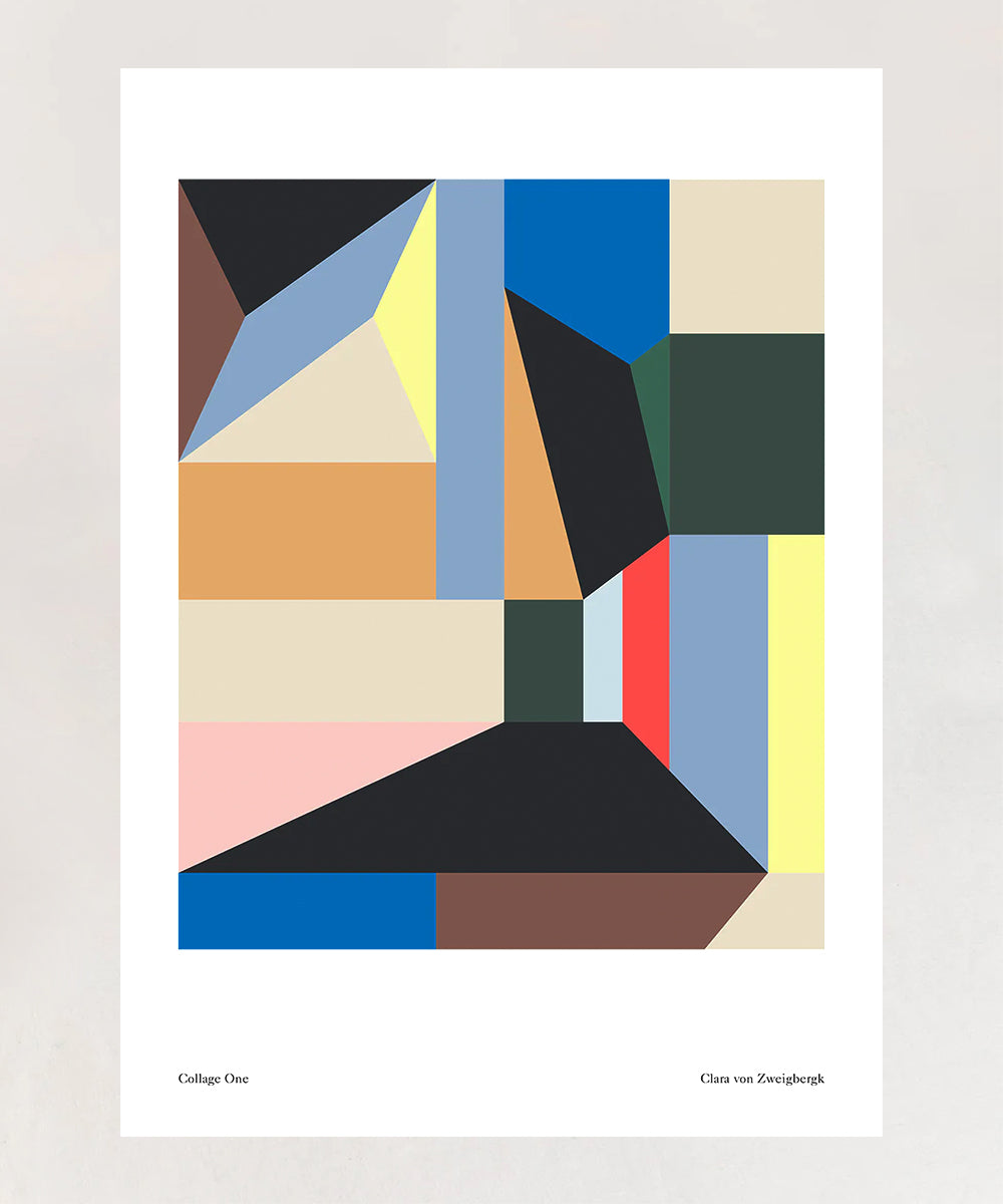 The Le Collage One Poster showcases abstract geometric artwork with overlapping shapes in blue, yellow, red, and green on a white background.