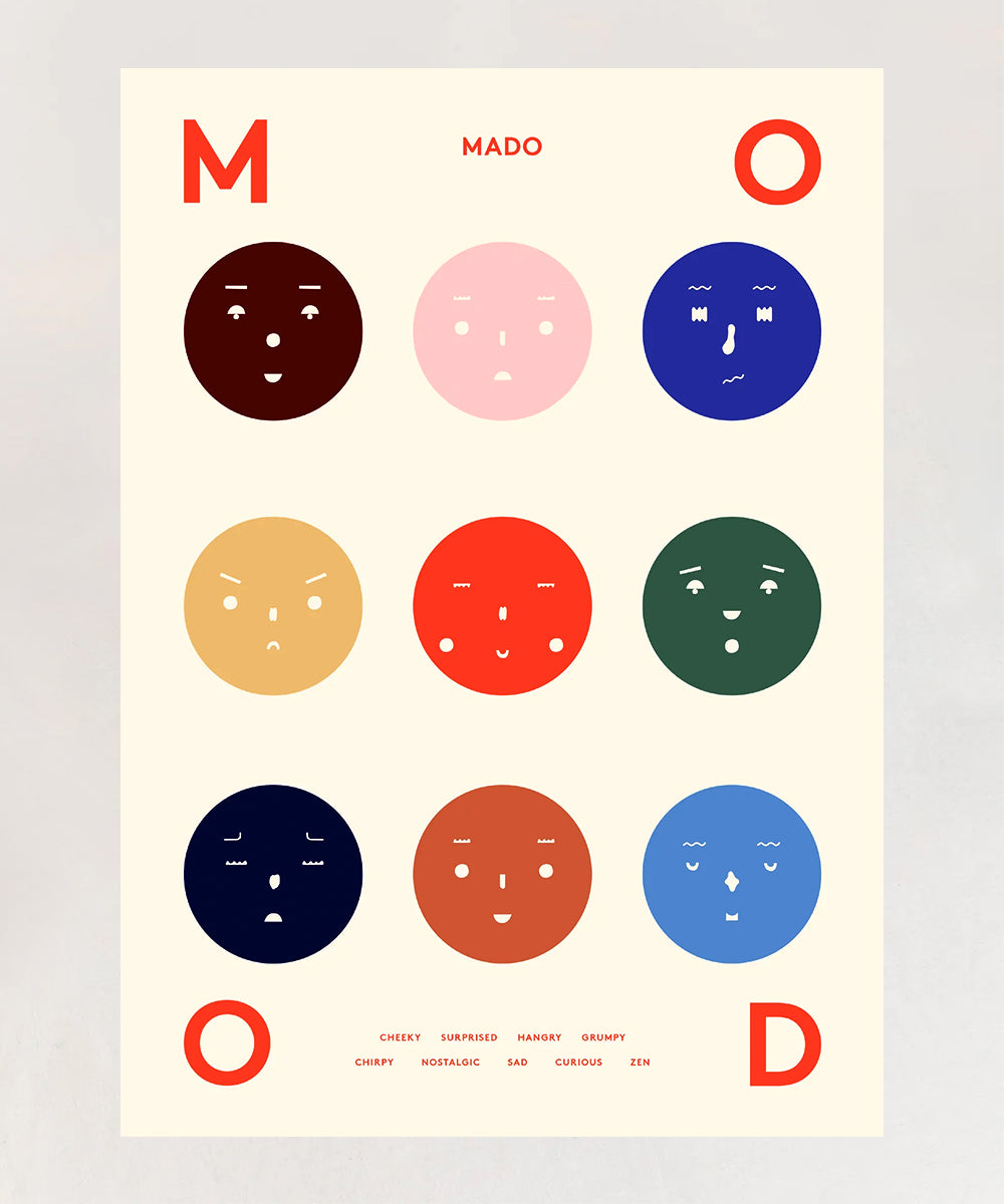 Le Nine Moods Poster showcases a grid of circles depicting various moods, such as cheeky, grumpy, and curious.