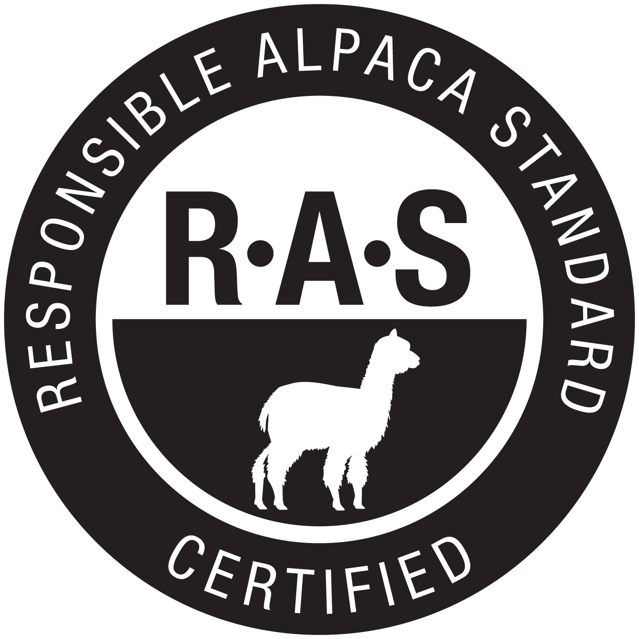 Circular logo with the text Responsible Alpaca Standard Certified and an alpaca silhouette in the center.