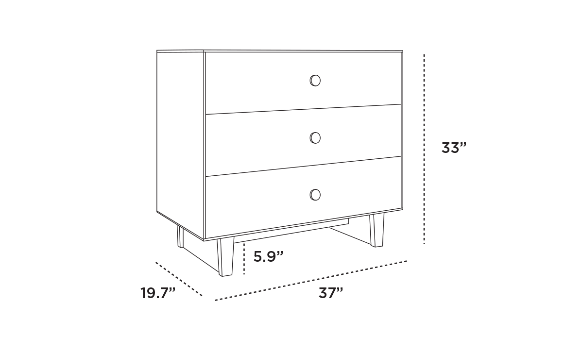 Illustration of a three-drawer dresser with measurements: 33 inches tall, 37 inches wide, 19.7 inches deep, and leg height of 5.9 inches.