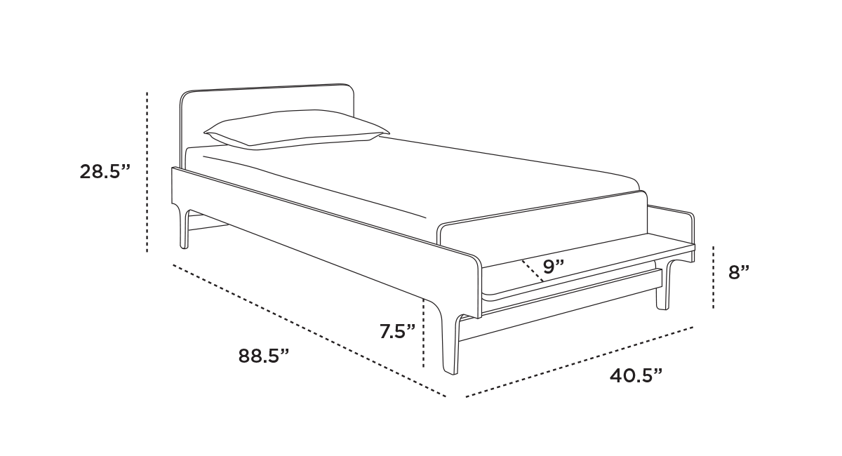 Illustration of a bed with dimensions: height 28.5, width 40.5, length 88.5. Mattress sits atop at 9, with a lower platform at 8. Pillow shown on mattress.