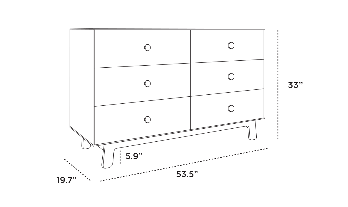 Illustration of a six-drawer dresser with dimensions: 33 tall, 53.5 wide, and 19.7 deep. Leg height is 5.9.