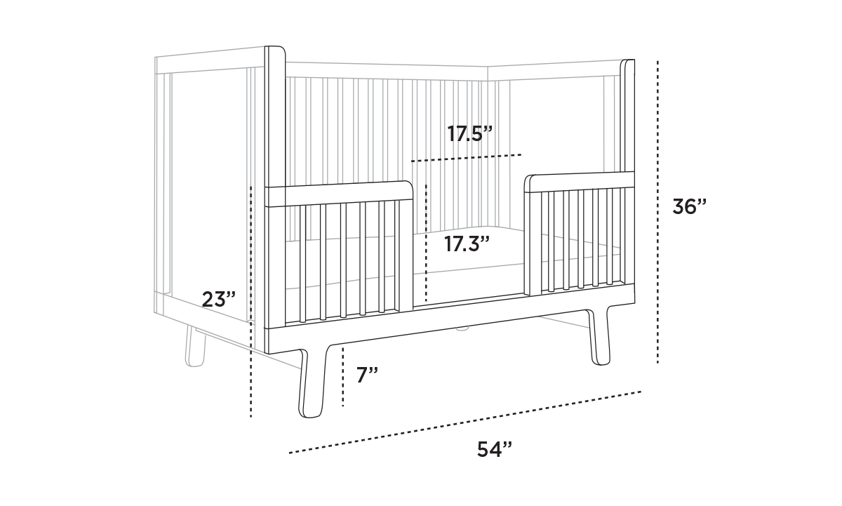 Illustration of a crib with dimensions: 36 height, 54 width, 23 depth, 17.3 side height, and 7 leg height.