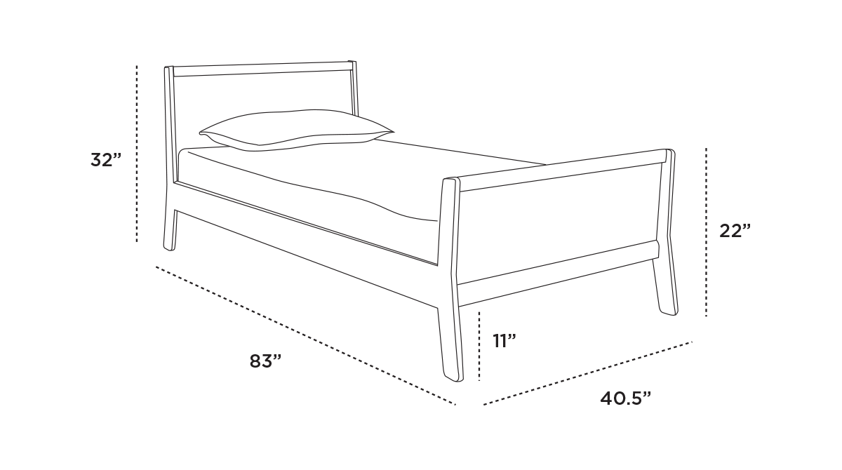 Illustration of a twin bed with dimensions: 32 height, 83 length, 40.5 width, 22 bed height, and 11 clearance from the floor.