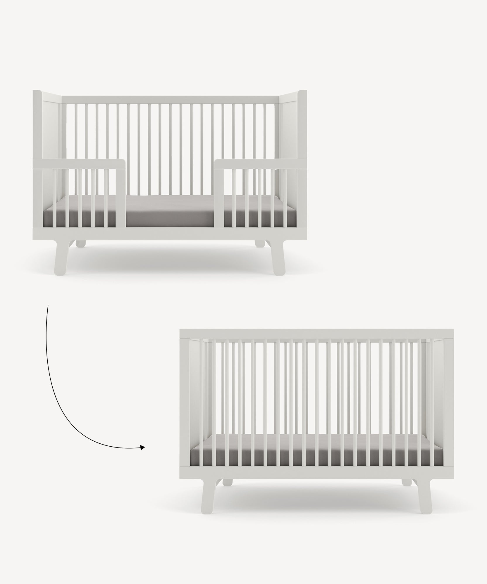 The Sparrow Toddler Bed Conversion Kit transforms a white crib into a toddler bed with a simple arrow indication.