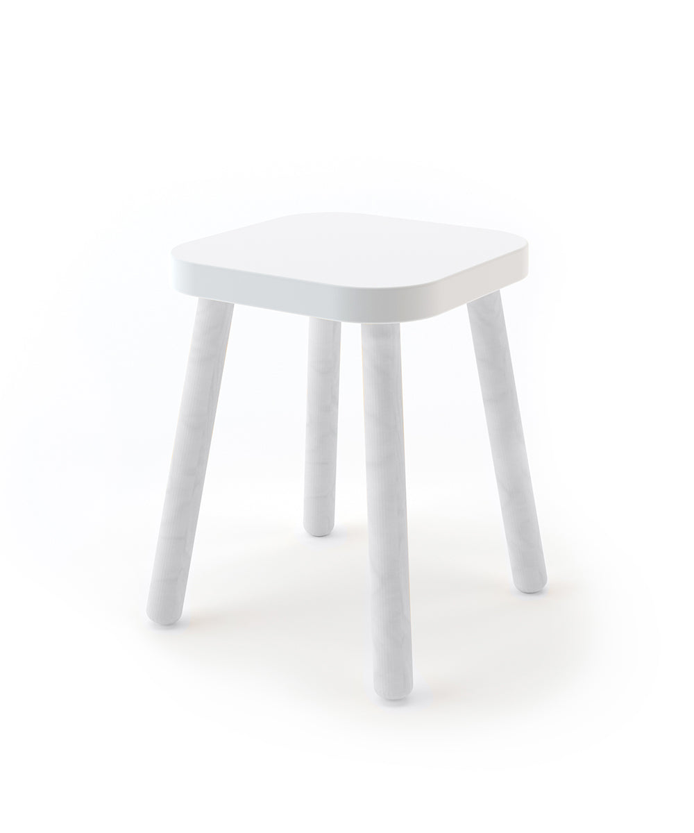 Square Stool: A white, minimalist, four-legged stool set against a plain white backdrop.