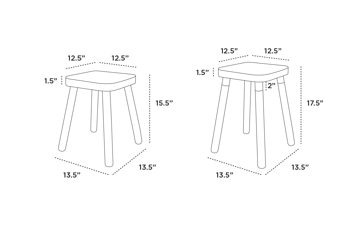 Illustration of a stool with dimensions. Left: 12.5 square seat, 15.5 tall. Right: 12.5 square seat, 17.5 tall with a 2 thick seat. Both have a 13.5 square base.