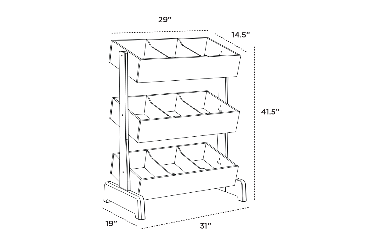 Illustration of a three-tiered storage rack with dimensions labeled: 29 width, 31 height, 14.5 depth. Each tier has multiple compartments for organizing items.