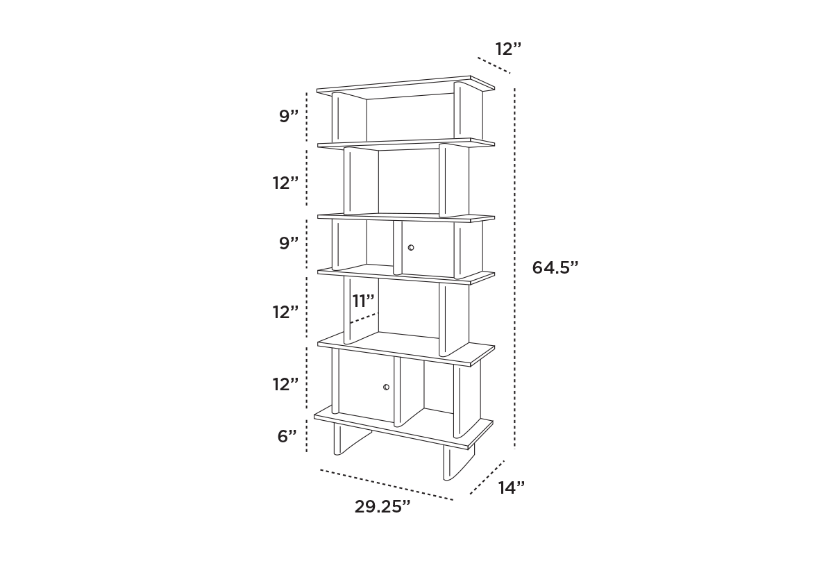 Line drawing of a five-tiered bookshelf with labeled dimensions: 64.5 height, 29.25 width, and 14 depth. Shelf heights vary between 6 and 12.