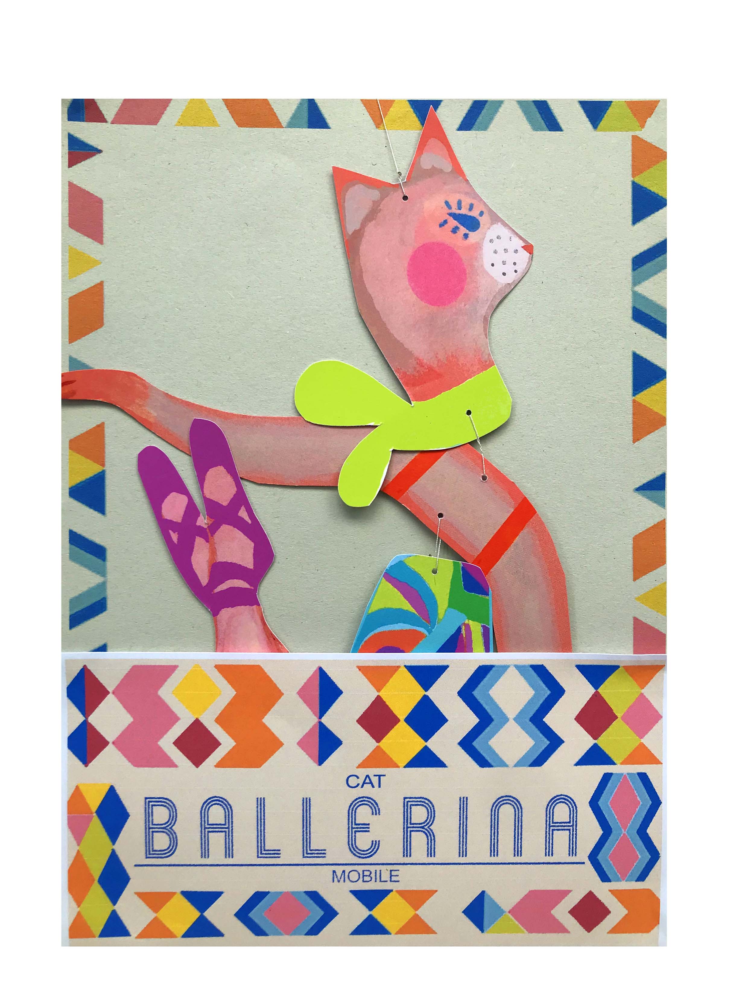 Vibrant artwork of a cat ballerina donning a green scarf and purple ballet shoes, set against a patterned backdrop with Le Mobile - Cat Ballerina text.